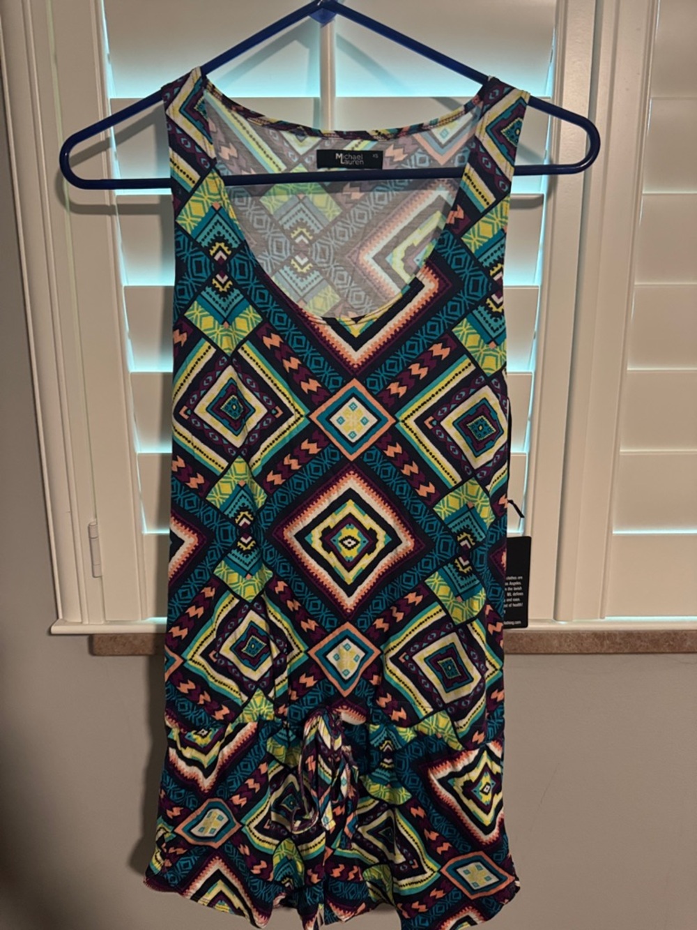 Michael Lauren Teal Navy Yellow Coral Geometric Romper